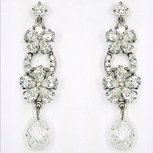 CZ wedding earrings, Flower Design, Teardrop, 1 3/4”